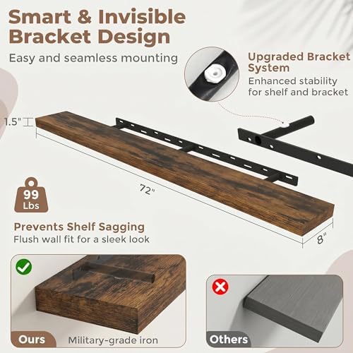 72 Inch Floating Shelves for Wall, 8"D Wood Storage Shelves, Brown Finish