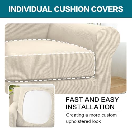Turquoize 2 Piece Chair Covers for Living Room Armchair Couch Cover with Individual Cushion Covers Furniture Cover for Chairs (Chair,BiscottiBeige)