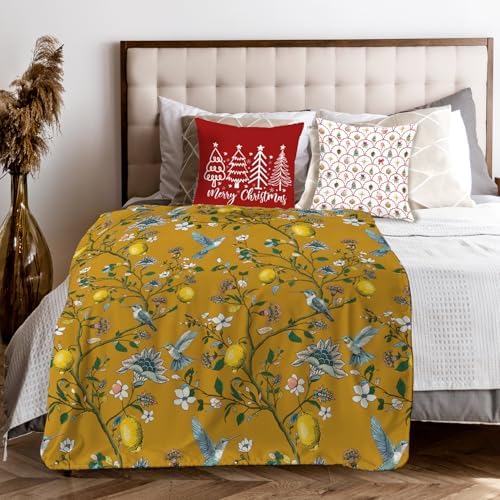Mustard Yellow Lemon Bird Floral Throw Blanket for Couch, Cottagecore Home Decor, Chinoiserie Hummingbird Botanical Throw Blanket for Bedroom Living Room Home Decoration, 50x60 Inches
