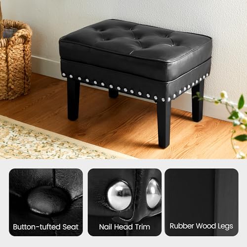 Glitzhome Ottoman Stool, Mid-Century Modern PU Leather Vanity Accent Stool Chair, Makeup Stools Footrest Side Table for Living Room Vanity Enterway, Black, Set of 2