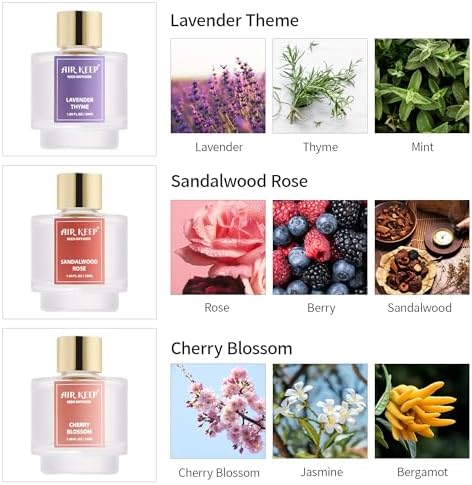 Airkeep Reed Diffuser Set of 3, Lavender Thyme Sandalwood Rose Cherry Blossom Oil Reed Diffusers for Bedroom Living Room Office Aromatherapy Oil Reed Diffuser for Gift 50ml x 3