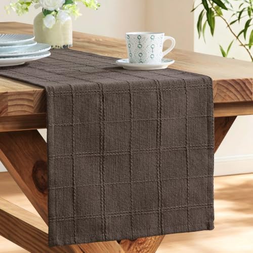 ZeeMart Linen Checked Farmhouse Table Runner, 13x60 Inches Chocolate
