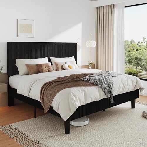 Allewie King Bed Frame, Corduroy Tufted Headboard, Black