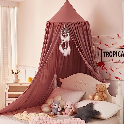 Princess Decor Canopy for Kids Bed, Soft and Durable Bed Canopy for Girls Room Tent Canopy Dreamy Mosquito Net Bedding, Children Reading Nook Canopies Indoor（Red Bean）