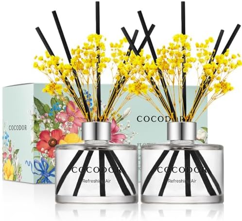 COCODOR Preserved Real Flower Reed Diffuser/Refreshing Air / 6.7oz(200ml) / 2 Pack/Reed Diffuser Set, Oil Diffuser & Reed Diffuser Sticks, Home Decor & Office