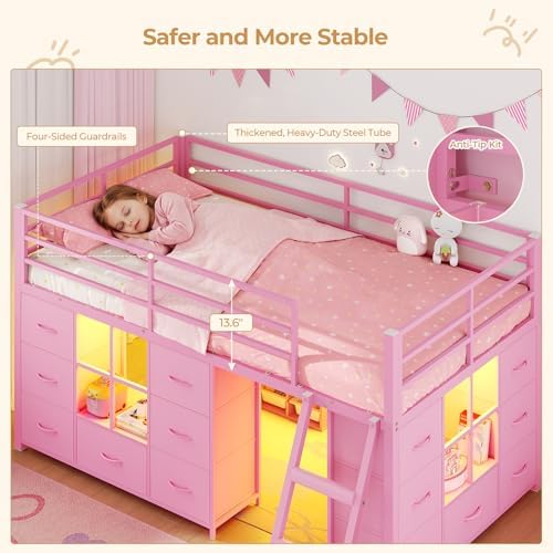 Low Loft Bed Twin Size with 14 Storage Drawers & 2 Shelves, Pink
