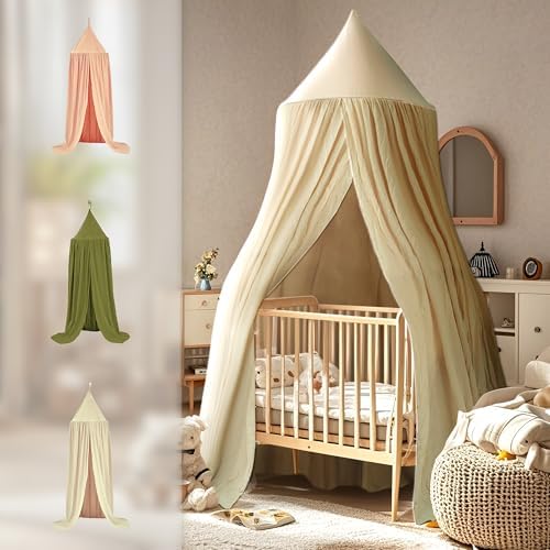 Cotton Kids Bed Canopy, Nursery Room Baby Crib Hanging Curtain Mosquito Net Hideaway Bedding Children Reading Nook Decoration, Pastel Neutral Color for Boys & Girls (Beige)