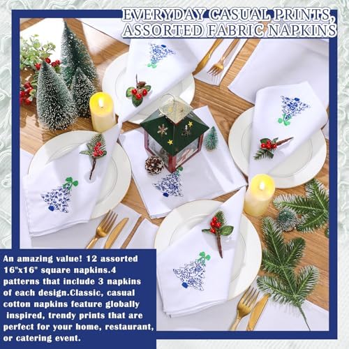 HunnmingRe 12 Pcs Christmas Blue and White Cloth Napkins, 16x16 Inch
