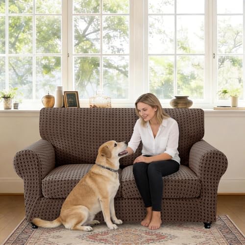 MAXIJIN 3 Pieces Stretch Sofa Covers for 2 Cushion Couch Loveseat Cover for Dogs Washable Love Seat Sofa Slipcovers Thick Soft Furniture Protector with Non Slip Strap (Brown, 55"-69")