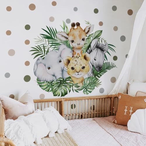 37.95x33.13 Inch Watercolor Jungle Animal Wall Decal Forest Animal Tiger Elephant Giraffe Zebra Wall Sticker Removable Safari Animal Wall Decal for Baby Nursery Playroom Bedroom Classroom Wall Decor