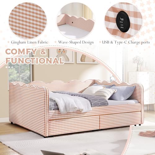 Queen Size Daybed with Storage Drawers, Linen Gingham Daybed with USB Ports & Wave Shaped, Upholstered Day Bed Frame, Modern Sofa Bed for Living Room/Bedroom/Guest Room, No Box Spring Needed, Pink