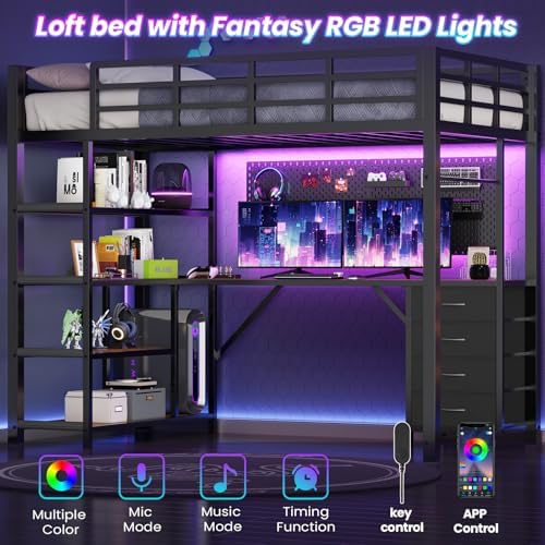 Loft Bed Twin Size with L Shape Desk,4 Drawers,3-Tier Storage Shelves Metal Loft Bed Frame with Power Outlet and LED Lighted,No Box Spring Needed,Space-Saving,Noise Free (Brown & Black, Twin Size)