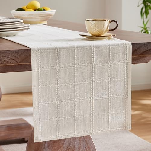 ZeeMart Linen Checked Farmhouse Table Runner, 13x60 Inches Ivory
