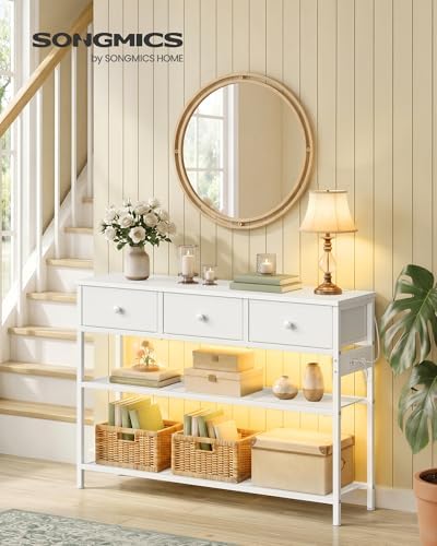 SONGMICS Console Table with Power Outlets and LED Lights, 3 Fabric Drawers