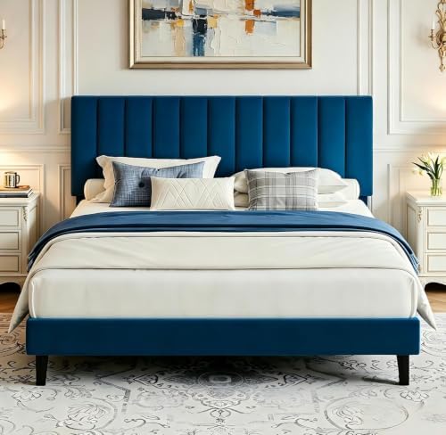 Garvee Queen Size Platform Bed Frame with Upholstered Headboard, Blue