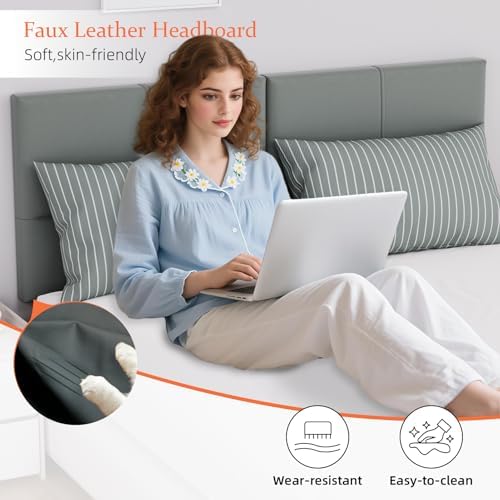 Upholstered Headboard King Size, Solid Wood Head Board with Sturdy Metal Legs, Leather Bed Headboard with Height Adjustable, Gray