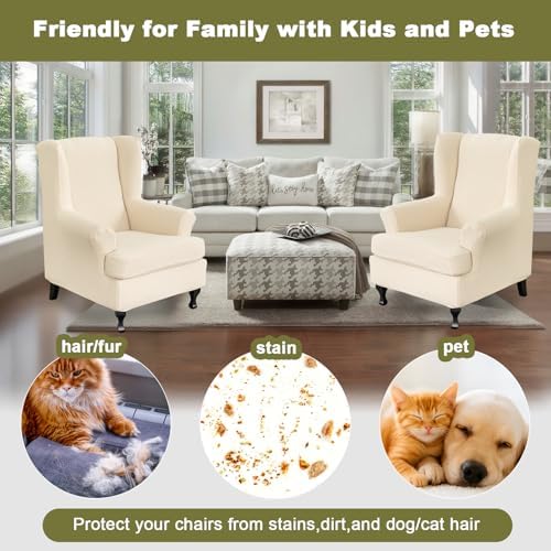 NILUOH Stretch Wingback Chair Slipcover 2-Piece Wing Chair Slipcovers Sofa Cover Furniture Protector Soft with Elastic Bottom, Spandex Jacquard Fabric,Off-White