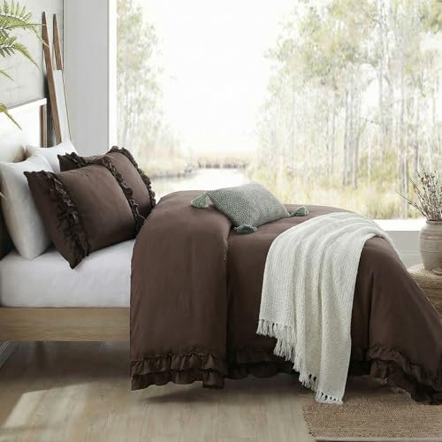 Dark Brown Duvet Cover Set Elegant Ruffled Bedding King Shabby Chic Lace Ruffle Boho Bedroom Decor Vintage Boho Style Chocolate Duvet Cover with Pillowcases