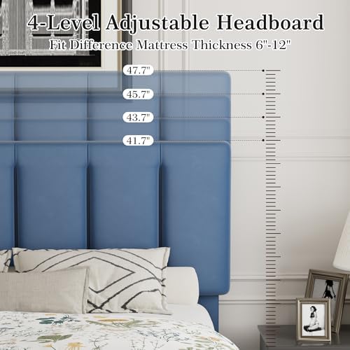 VECELO Queen Size Bed Frame with Upholstered Headboard, Dark Blue