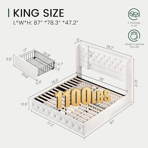 LARMACE King Size Bed Frame with 4 Storage Drawers and 47.2" Tall Wingback Headboard Velvet Upholstered Platform Bed Frame Tufted Beds with Wooden Slats Support, Easy Assembly, White