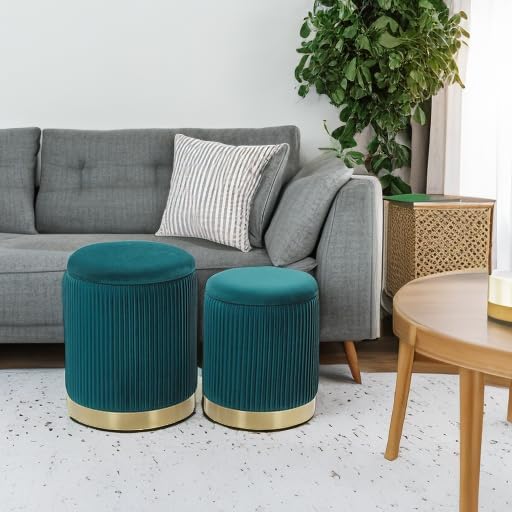 YYW HOME Round Ottoman with Storage, Green Velvet, Set of 2