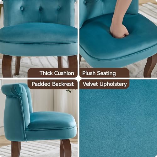 WUTUTUEE Velvet Vanity Chair with Back, Tufted Upholstered Vanity Stool with Solid Wood Legs, Mid Century Small Makeup Chair for Vanity, Accent Chair for Bedroom, Living Room, Teal