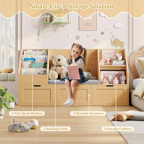 FOTOSOK Kids Bookshelf with Reading Nook, Toy Storage with Seat Cushion