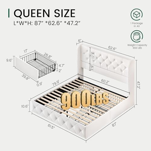 LARMACE Queen Size Bed Frame with 4 Storage Drawers and 47.2" Tall Wingback Headboard Velvet Upholstered Platform Bed Frame Tufted Beds with Wooden Slats Support, Easy Assembly, White