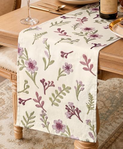 Miss Adola Embroidered Canvas Table Runner 13"x72", Subtle Floral