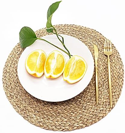 Woven Placemats for Dining Table Set of 2, 100% Natural Straw, Rustic Round Placemats Farmhouse Table Mats Rattan Wicker Placemats Hand Braided Place Mats for Indoor Outdoor, 14.17“