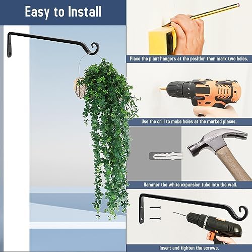 FEED GARDEN Heavy Duty Plant Hooks - 2 Pack 15 Inch Wall Mounted Hanging Brackets, 57lb Capacity Steel Plant Hangers for Bird Feeders, Baskets, Wind Chimes Outdoor Indoor- Black
