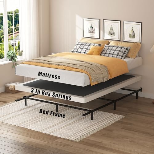Queen Size Box Springs - 3 Inch Low Profile Mattress Foundation No Noise Heavy Duty Metal Basics Bed Base with Clean Fabric Cover, Easy Assembly