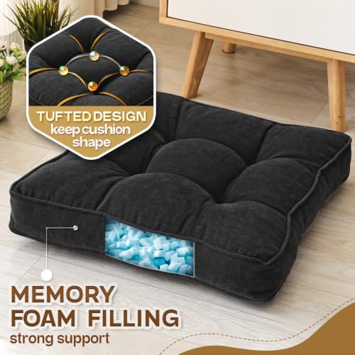 MIDDLE ONE Floor Pillow Set of 2, Memory Foam Cushion 22x22 – Square, Black