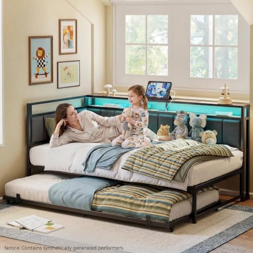 LIKIMIO Twin Daybed with Trundle, Charging Station & LED, Black
