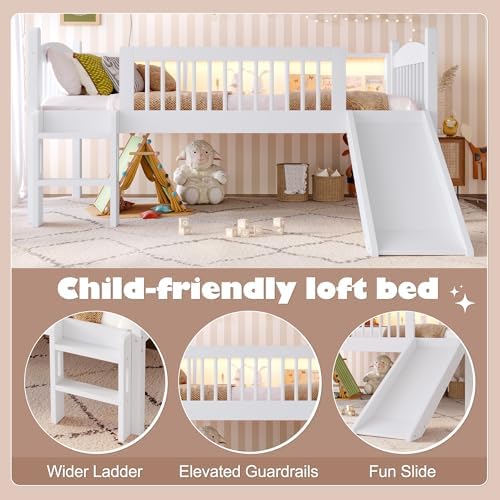 Bellemave Twin Loft Bed with Slide and Ladders, Solid Wood Low Loft Bed with Storage Shelves and LED Lights, Loftbed Frame for Kids, Boys, Girls, Childlike and No Box Spring Needed Design, White