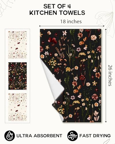 Miss Adola Cute Kitchen Towels Set of 4, 18 x 26 Inch, Retro Flower