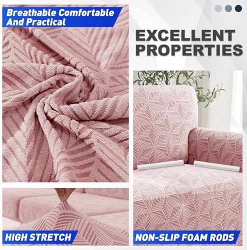 YEMYHOM 1 Piece Stretch Oversized Couch Covers for 4 Seat, Jacquard Extra Large Sofa Cover with Non-Slip Elastic Bottom, Thickened Slipcover Furniture Protector for Dogs Pets (X-Large, Pink）