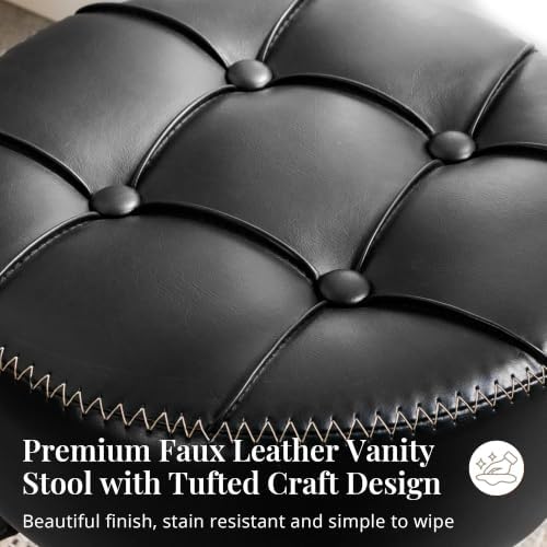 LUE BONA Adjustable Vanity Stool 15.8"-20.7", 360° Swivel Faux Leather Chair, 300lbs Capacity for Makeup Room, Bathroom, Living Room, Black