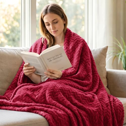 Exclusivo Mezcla Fleece Throw Blanket for Couch Sofa, 50”x70”, Deep Red