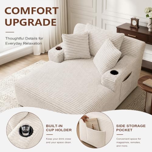 66" Chaise Lounge Chair Indoor, Corduroy Upholstered Reading Chair Oversized Boneless Chair with Deep Seat, Cloud Lounge Chair with 3 Pillows for Living Room, Bedroom, No Assembly Required