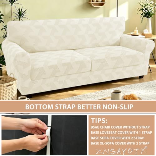 ZNSAYOTX 3 Piece Stretch Couch Covers (72"-90") New-Rectangle Texture, Thick Sofa Covers for 2 Cushion Couch Universal Sofa Slip Cover with Elastic Bottom & Buckle, Washable Protector Beige