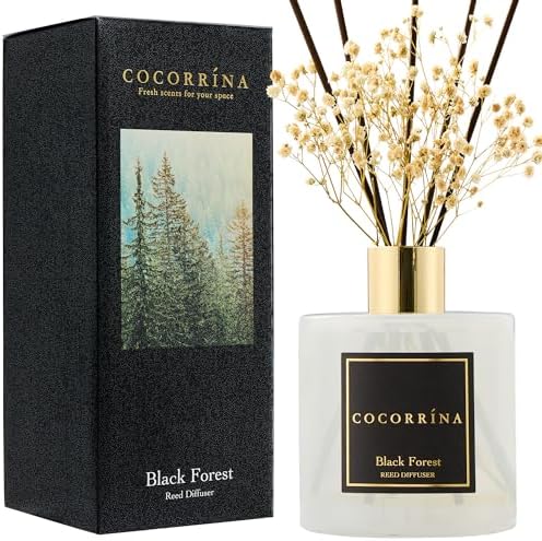 COCORRÍNA Reed Diffuser - Black Forest 17 Fl.oz Reed Diffuser with 8 Sticks Scented Diffuser with Preserved Flowers for Bathroom Home Decor