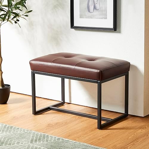 Glitzhome Ottoman Bench, Modern PU Leather Vanity Stools Chairs with Metal Frame, Makeup Stool Padded Foot Rest Stool for Living Room Vanity, Entryway, Bathroom, Brown