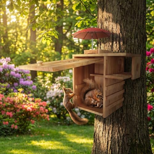Large Wooden Squirrel House Outdoor，Nest Box with Feeder & Predator Guard