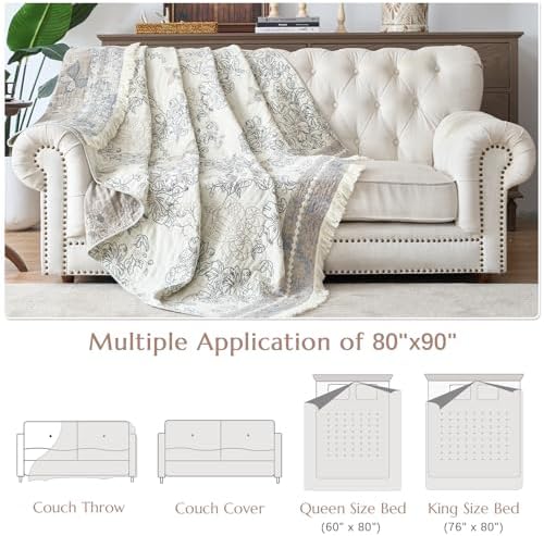 jinchan 100% Cotton Muslin Blanket with Tassel Boho Queen 60x80 Gray/White