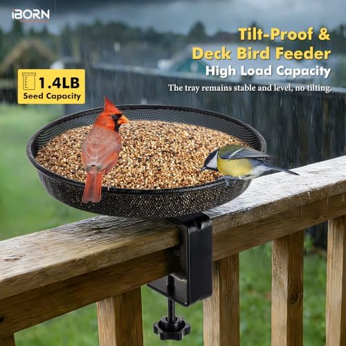 iBorn Deck Bird Feeders for Outdoors,Platform Bird Seed Tray with 1.4 lbs Capacity,Balcony Porch Railing Bird Feeder, Drainage Mesh Holes,Tilt-Proof, Windproof, Anti-Loosen, Easy to Refill&Clean,Black