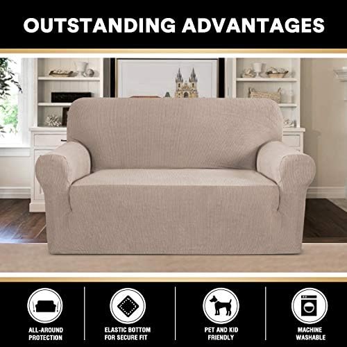 PrinceDeco Stretch Loveseat Sofa Cover Slipcover Couch Cover for 2 Cushion Sofa Washable Sofa Cover for Pets Friendly Furniture Protector Covers with Non Slip Bottom(Loveseat, Sand)