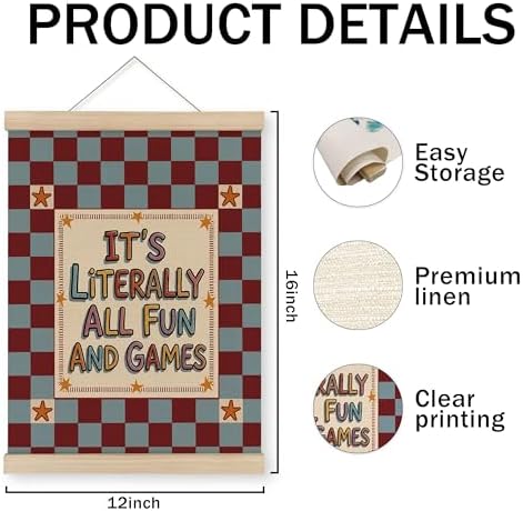 MAQIKA Funny Kids Playroom Poster Framed with Wood Hanger, Vintage Nursery Hanging Wall Decor, All Fun and Games Checkered Canvas Wall Art Paints for Kids Room Bedroom Playroom Classroom, 12x16 Inch