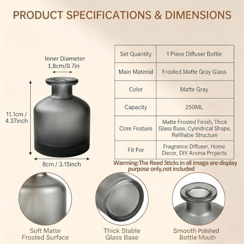 8.4oz Glass Reed Diffuser Bottles, Matte Grey Fragrance Container