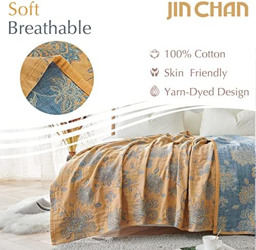 jinchan 100% Cotton Muslin Blanket Queen Boho Bed Blanket 80x90 Yellow/Blue